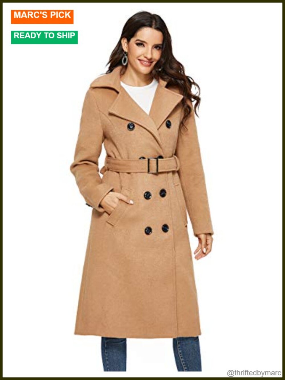 Womens Wool Coat Double Breasted Pea Coat Winter Long Trench Coat with Belt